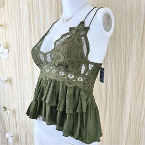 New Free People Adella‎ Lace Babydoll Cami Olive Sparrow Extra Small